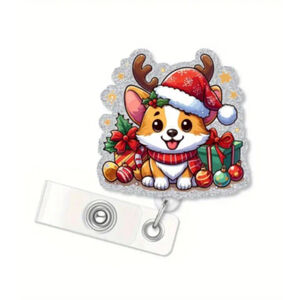 Christmas Dog Badge Holder Silver Red